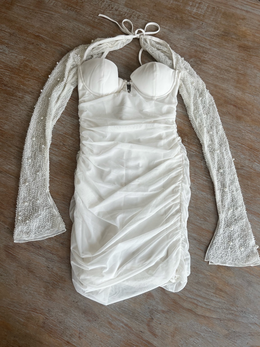 Oh Polly White Pearl-Embellished Halter Bodycon Dress